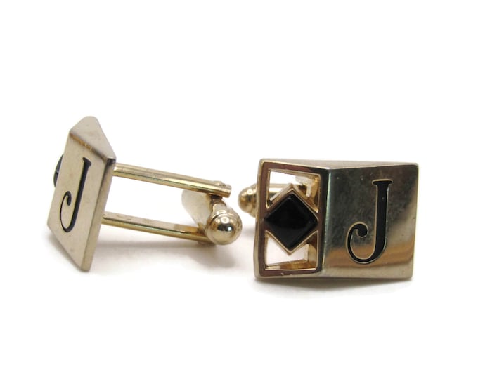 J Letter Inital Monogram Black Diamond Stone Men's Jewelry Gold Tone