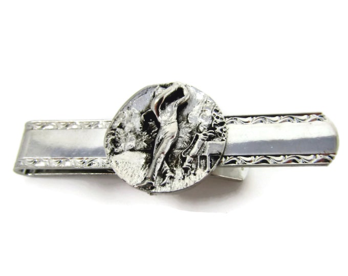 Vintage Tie Clip Tie Bar: Golfer's Gift Golf Golfing Silver Tone