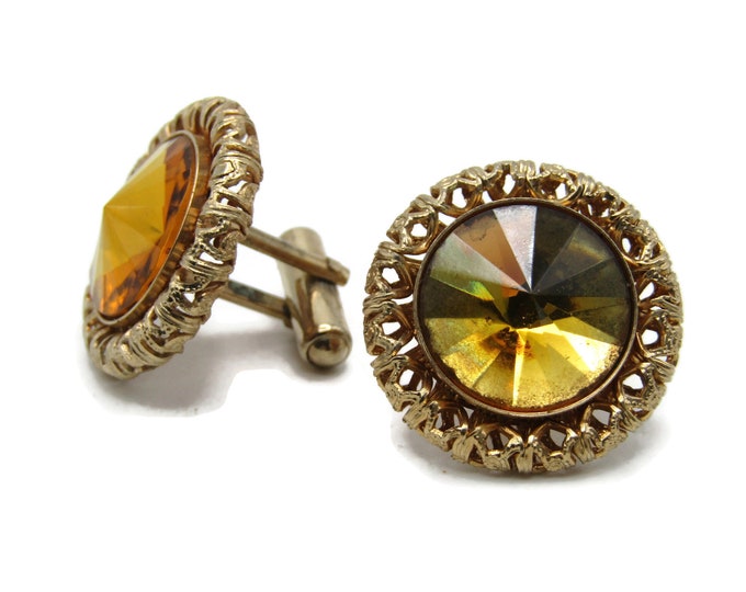 Yellow Rhinestone Inlay Cuff Links Intricate Gold Tone Edging Men's Jewelry