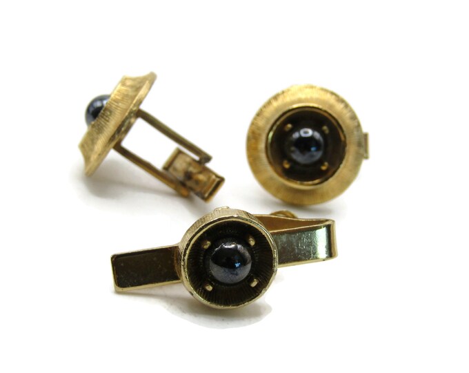 Round Black Stone Center Textured Edge Tie Clip And Cuff Links Set Gold Tone