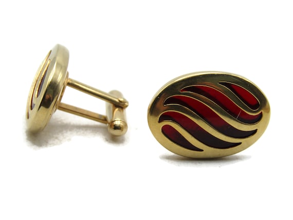 Red Stone Inlay Wave Patterns Cuff Links Gold Ton… - image 1