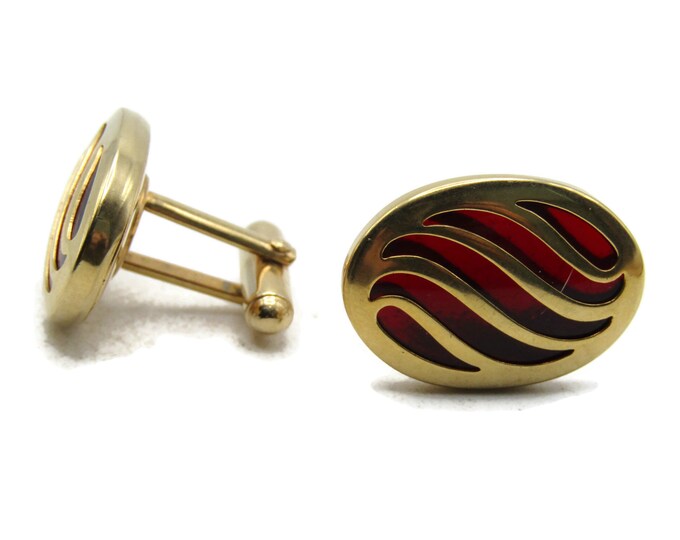 Red Stone Inlay Wave Patterns Cuff Links Gold Tone Men's Jewelry