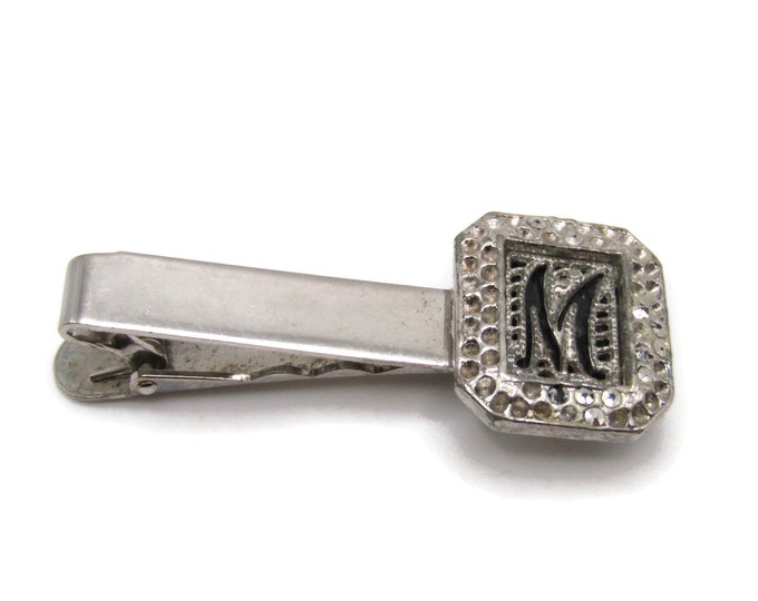 M Initial Letter Monogram Rhinestone Inlay Tie Clip Tie Bar Men's Jewelry