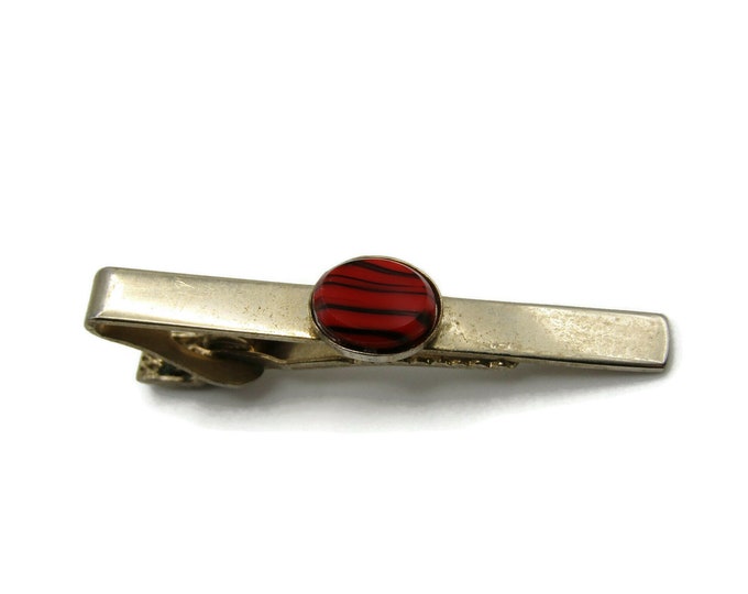 Red & Black Stone Inlay Gold Tone Straight Bar Tie Clip Modernist Tie Bar Men's Jewelry