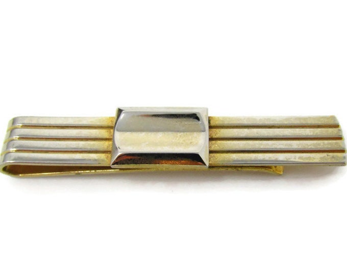 Deep Grooves Tie Clip Vintage Tie Bar: Smooth Accent Gold Tone