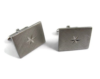 Vintage Cufflinks for Men: Simple Star Center Silver Tone Rectangle