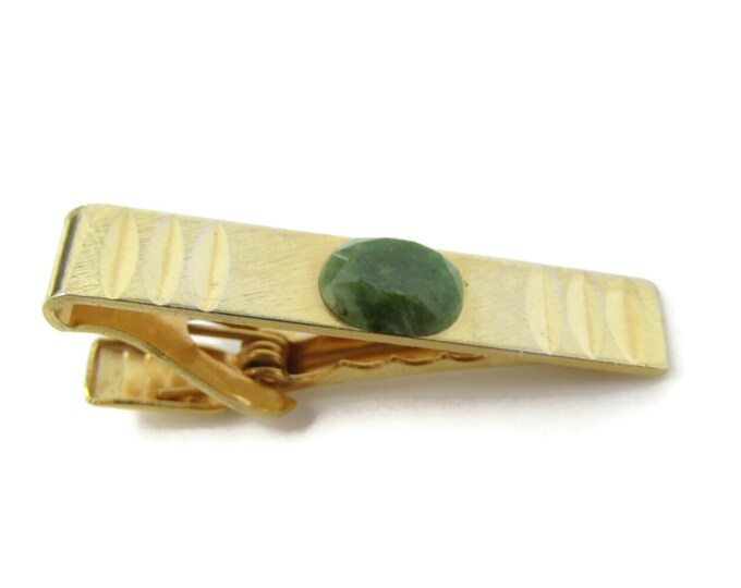 Green Stone Center Tie Bar Clip Gold Tone Vintage Men's Jewelry Nice Design
