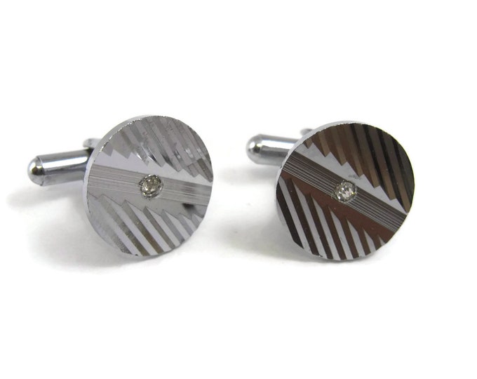 Vintage Cufflinks for Men: Silver Tone Circle Clear Jewel Center