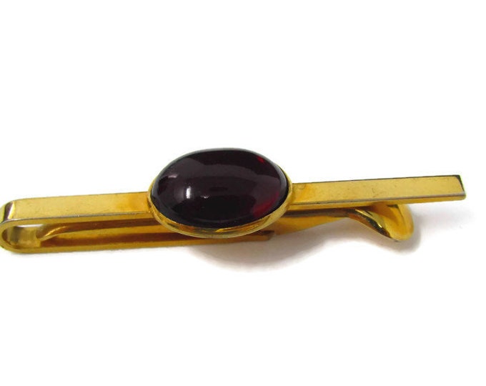Vintage Tie Bar Tie Clip: Deep Red Center Accent Beautiful Design Gold Tone