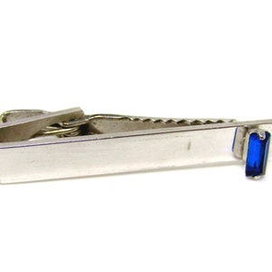 Cool Tie Bar Tie Clip Vintage Blue Jewel Silver Tone Gift for Dad, Husband, Son, Boyfriend
