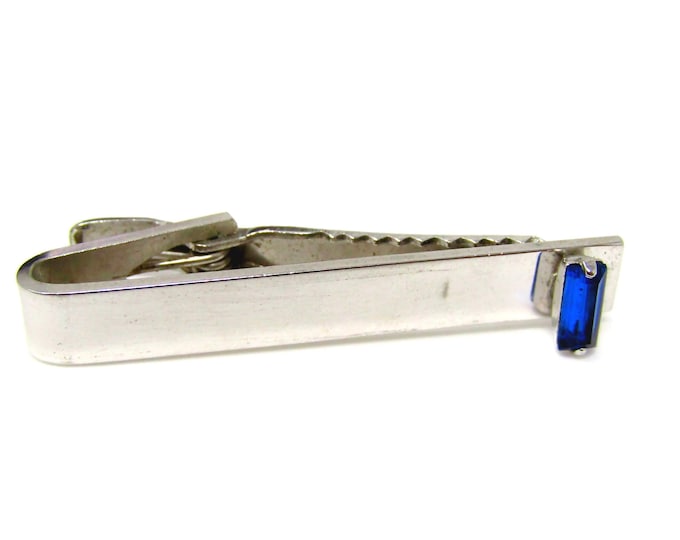 Cool Tie Bar Tie Clip Vintage Blue Jewel Silver Tone Gift for Dad, Husband, Son, Boyfriend