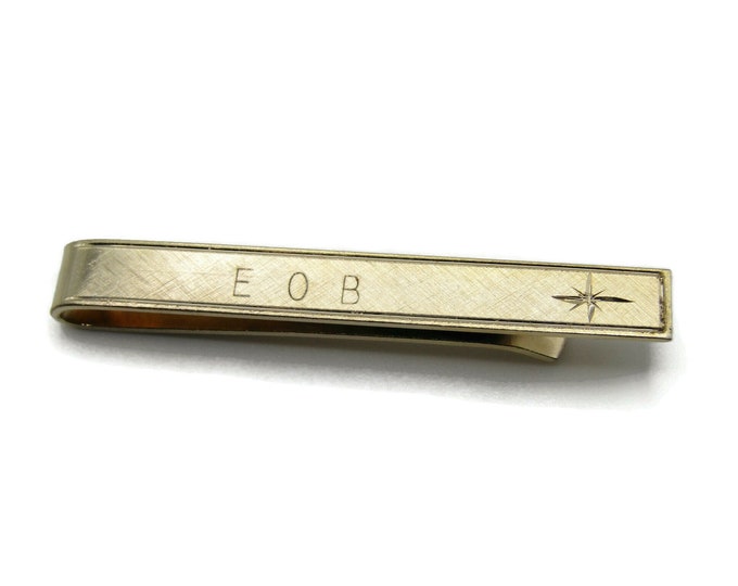 E O B Initials Letters Monogram Etched Star Textured Modernist Gold Tone Industrial Tie Bar Tie Clip Men's Jewelry