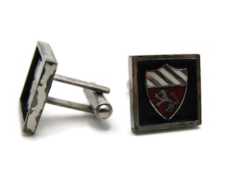 Fighting Lion Crest Square Cuff Links Men's Jewelry Black Red And Silver Tone