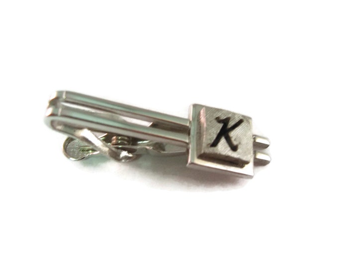 Vintage Men's Tie Bar Clip Jewelry: "K" Letter Initial Silver Tone Design