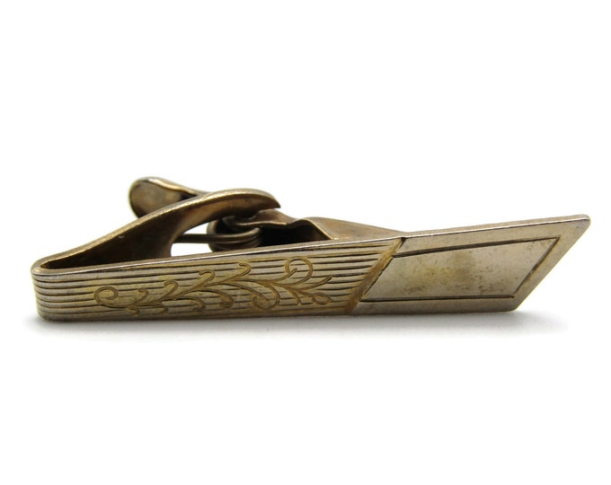 Tapered Shape Etched Plant Leaves Square and Line Design Gold Tone Tie Bar Tie Clip Men's Jewelry