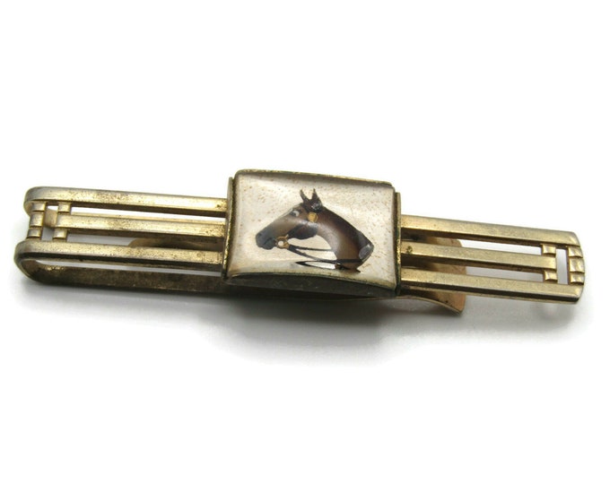 Horse Head Jewel Centered Gold Tone Open Body Tie Clip Tie Bar Men's Jewelry