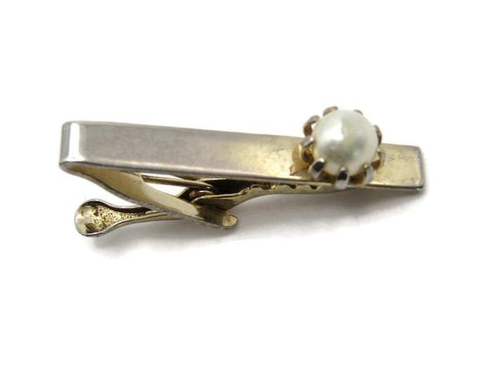 White Stone Claw Clasp Tie Bar Tie Clip Men's Jewelry Gold Tone