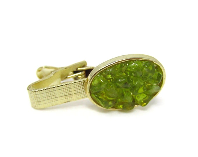 Green Gem Cluster Tie Clip Men's Vintage Tie Bar Gold Tone