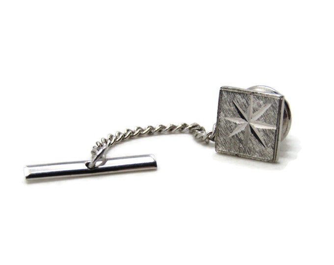 Square Etched Starburst Design Tie Pin And Chain Men's Jewelry Silver Tone