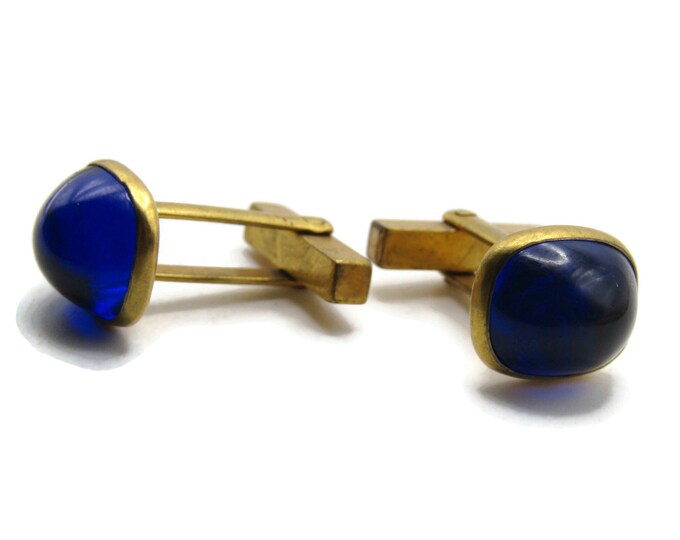 Blue Stone Inlay Rounded Rectangle Cuff Links Men's Jewelry Gold Tone