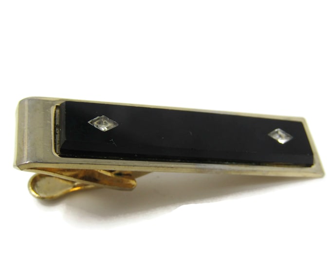 Double Clear Jewel on Black Tie Clip Tie Bar: Vintage Gold Tone - Stand Out from the Crowd with Class