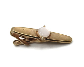 White Stone Inlay Rounded Edge Gold Tone Tie Clip Tie Bar Men's Jewelry