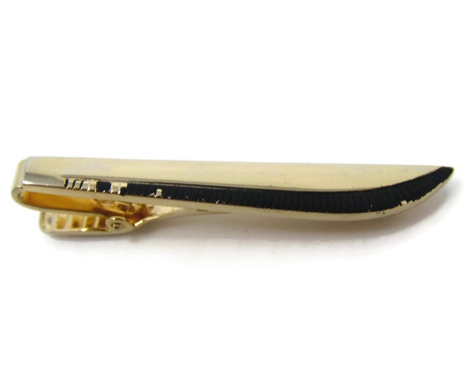 Vintage Tie Clip Tie Bar: Black Edge Sword Shape Design Gold Tone