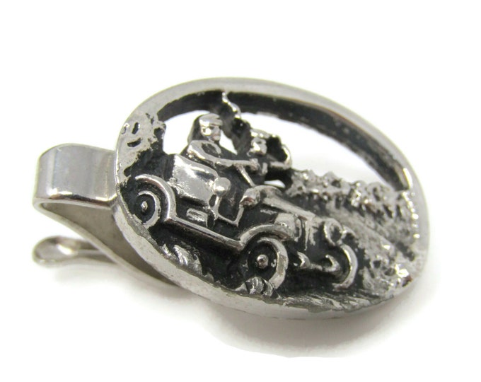 Antique Car Joyride Tie Clip Bar Silver Tone Vintage Men's Jewelry Nice Design