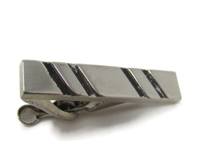 Double Diagonal Stripes Tie Bar Clip Silver Tone Vintage Men's Jewelry Nice Design