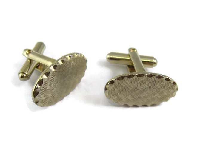 Vintage Cufflinks for Men: Textured Oval Crimp Bevel Edge Gold Tone