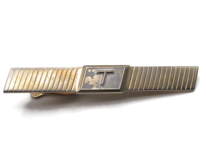 T Letter Initial Monogram Vertical Etched Pattern Gold Tone Tie Bar Tie Clip Men's Jewelry