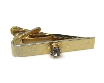 Vintage Gold Tone Tie Clip with Clear Jewel