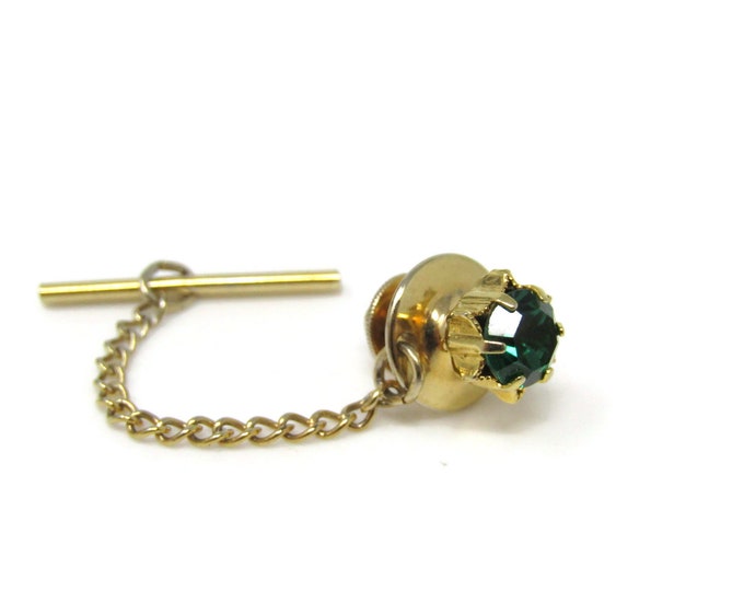 Green Jewel Tie Tack Pin Gold Tone Vintage Men's Jewelry