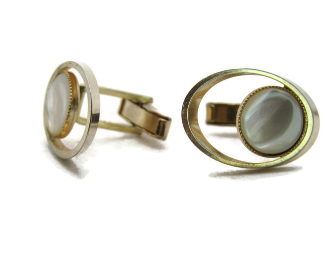 Oval and Mother Of Pearl Circle Cuff Links Unique Gold Tone Design Men's Jewelry