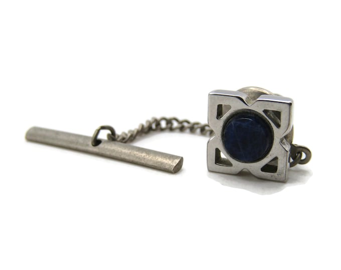 Dark Blue Stone Inlay Square Tie Pin Men's Jewelry Silver Tone