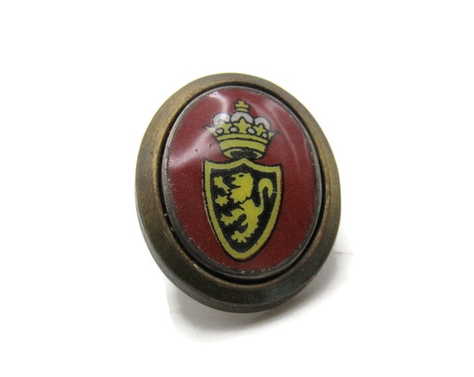 Crown And Fighting Lion Crest Red Center Tie Clip Tie Bar Gold Tone