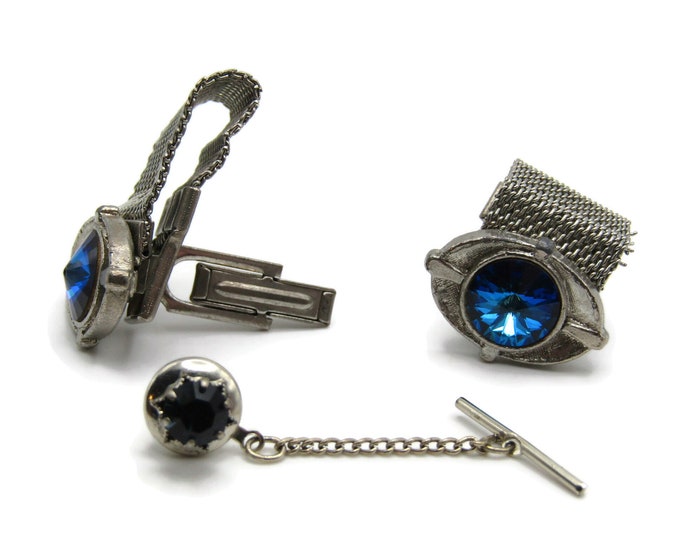Vintage Men's Jewelry Set: Tie Bar Chain Cufflinks Blue Rhinestone Inlay Silver Tone