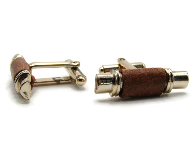 Leather Wrapped Bar Style Cuff Links Men's Jewelry Silver Tone