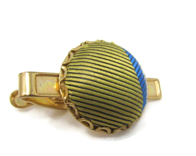 Fabric Circle Yellow & Blue Tie Bar Clip Vintage Gold Tone Stand Out w/ Style Fit In with Class