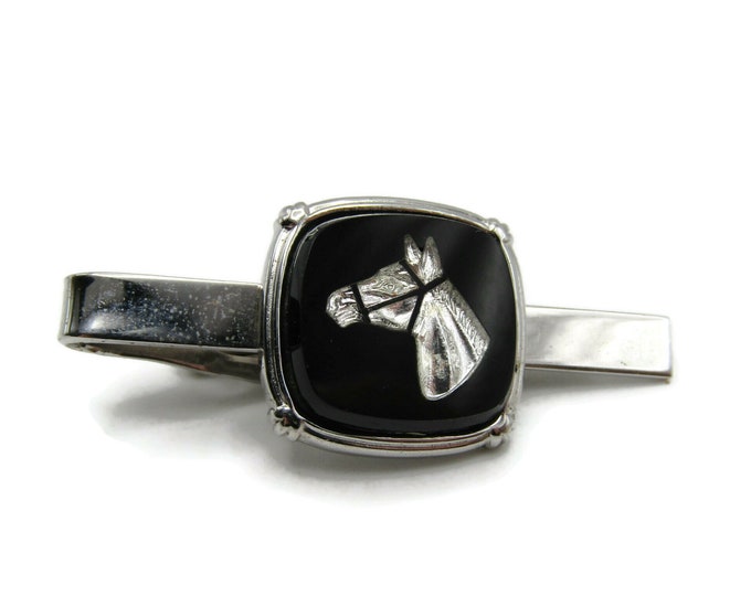 Horse Head Riding Equestrian Black Stone Inlay Silver Tone Tie Clip Tie Bar Men's Jewelry