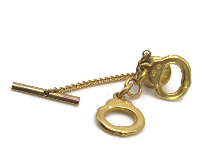 Handcuffs Tie Lapel Pin & Chain Gold Tone Men's Jewelry