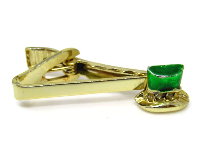 Vintage Tie Clip Bar for Men: Green Top Hat Design Gold Tone