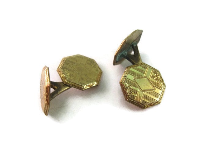 Antique Vintage Cufflinks for Men Gold Tone Hexagon by Hayward