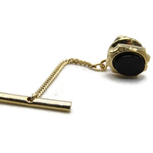 Black Oval Stone Inlay Tie Lapel Pin and Chain Gold Tone Men&#39;s Jewelry