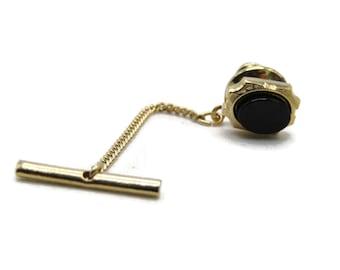 Black Oval Stone Inlay Tie Lapel Pin and Chain Gold Tone Men's Jewelry