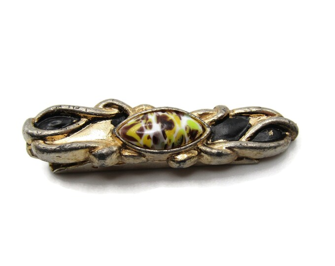 Yellow Brown White Speckled Stone and Black Stone Inlay Gold Tone Etched Design Tie Clip Tie Bar Men's Jewelry