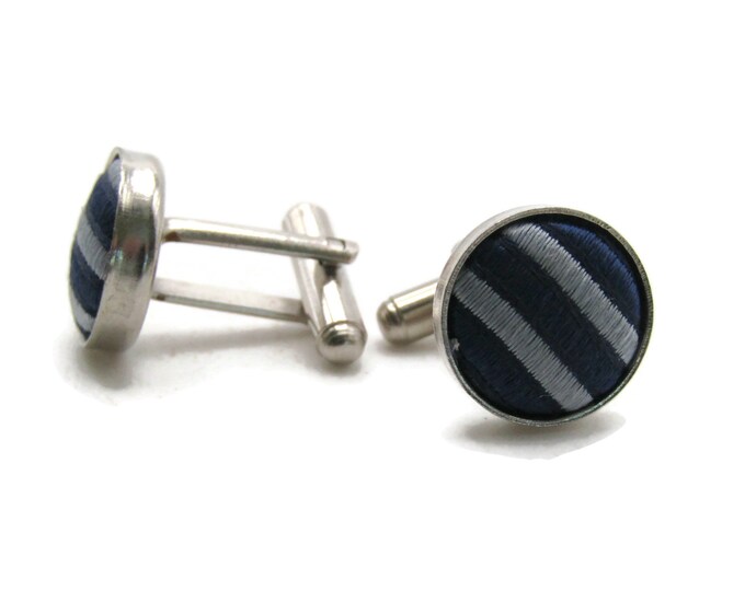 Blue Stripe Round Fabric Center Cuff Links Men's Jewelry Silver Tone