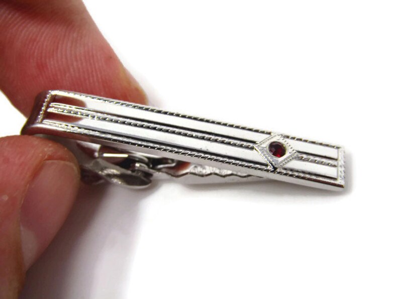 Modernist Silver Tone Red Jewel Tie Clip Vintage Tie Bar