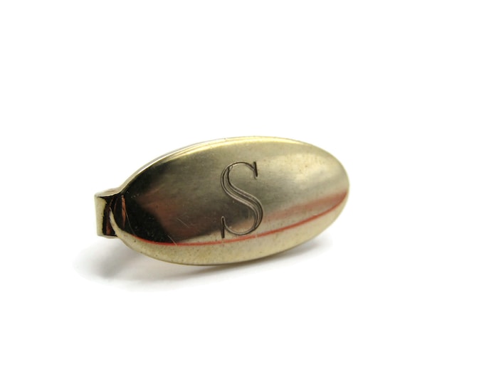 S Initial Letter Monogram Smooth Finish Oval Shape Gold Tone Tie Clip Tie Bar Men's Jewelry