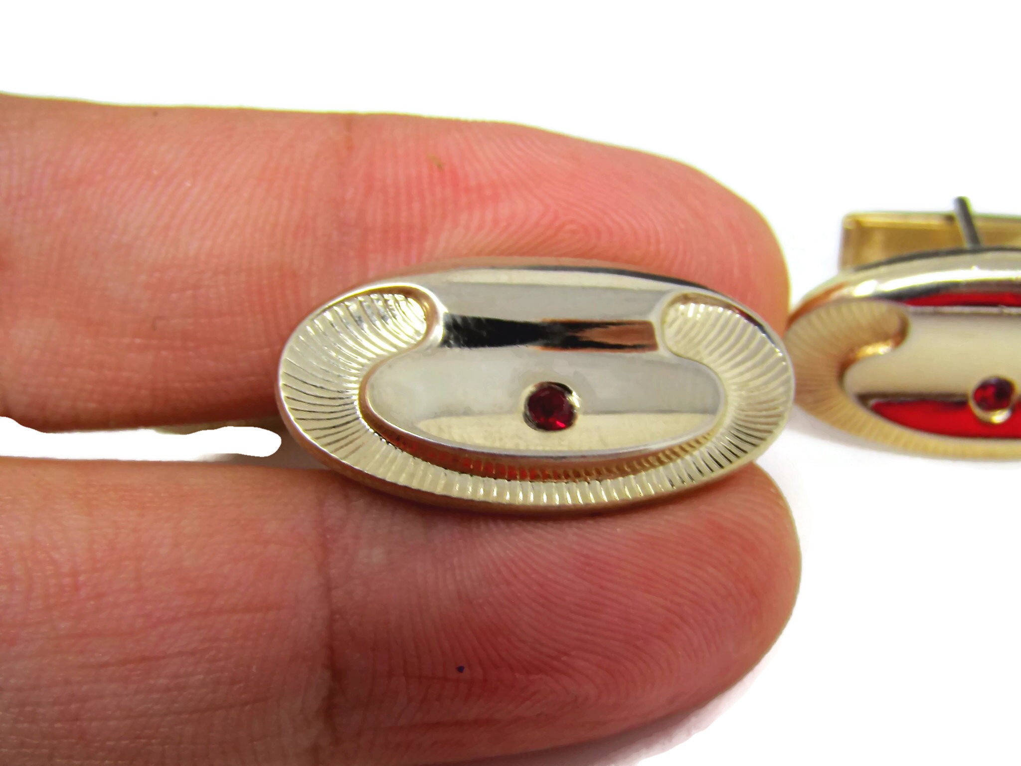 Vintage Mens Jewelry Set Tie Clip Cufflinks Red Jewel Art Deco Gold Tone